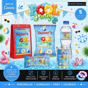 Kit pour fête à la piscine : cadeaux, bouteilles d’eau, chips, Rice Krispies, étiquettes de jus, boîtes et plus encore. Personnalisez-le vous-même sur Canva.