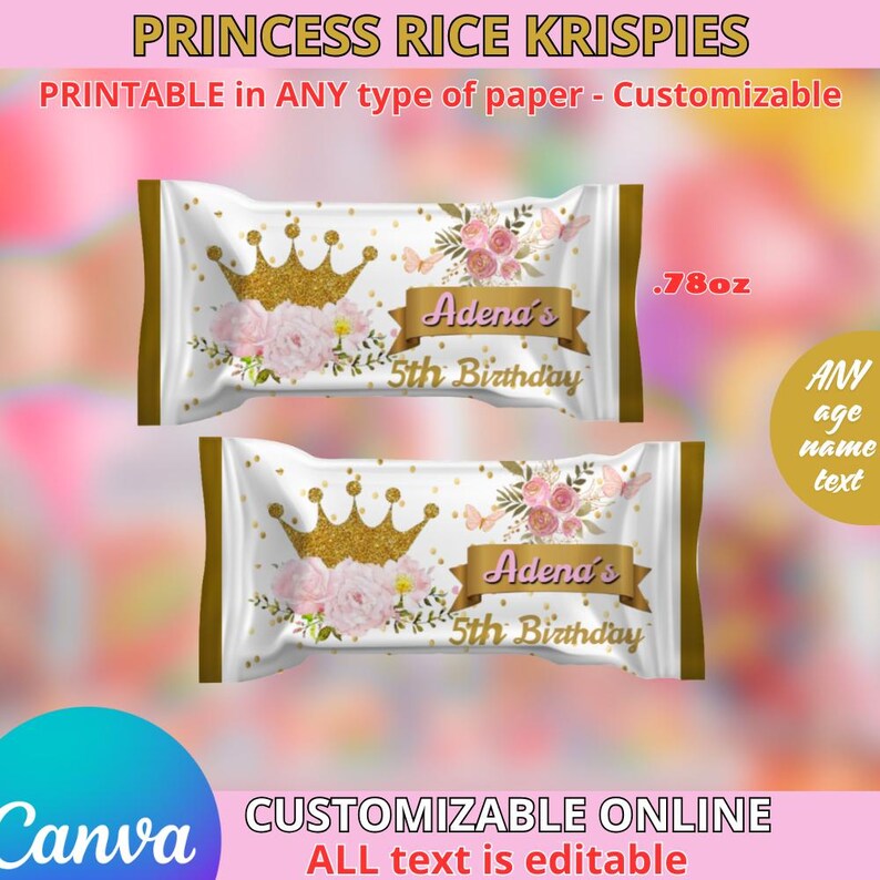 Princess Rice Paper Princess Birthday - Rice Krispies Templete. Editable in CANVA - Etsy