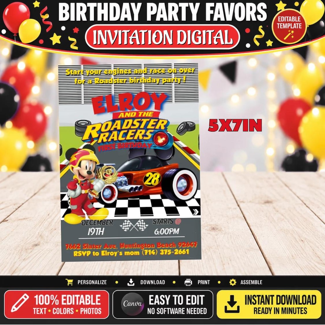 Mickey and Friends Roadster Racers Invitation 5x7in Templete Mickey and Friends Roadster Racers Invitation 5x7in Templete
