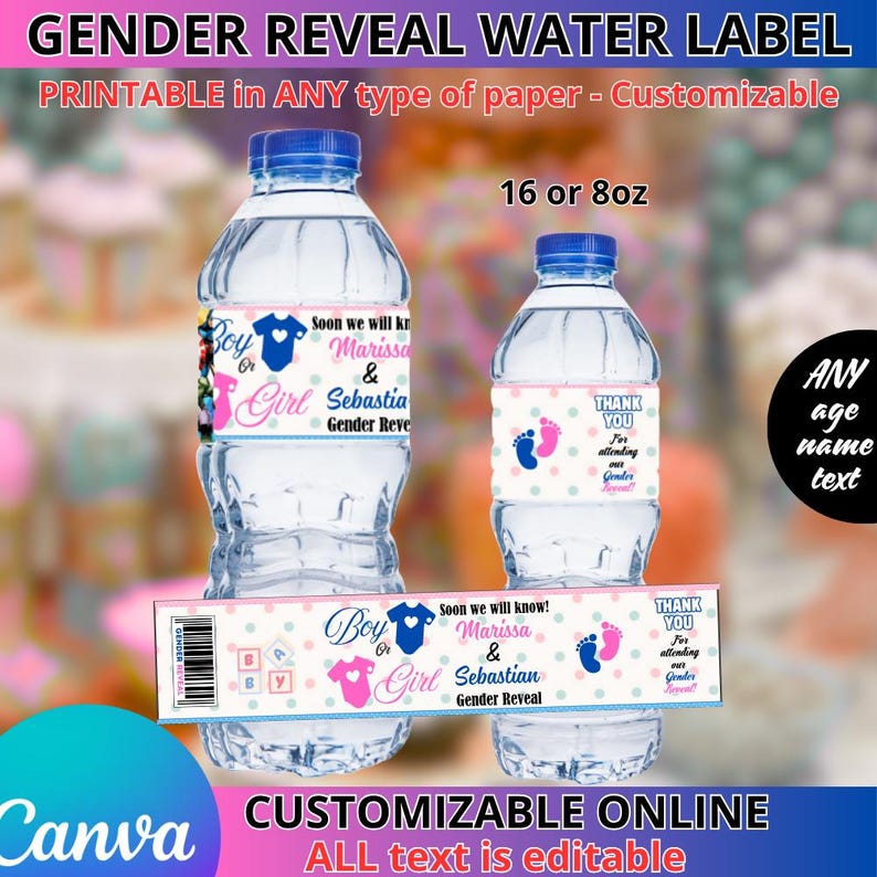 Gender Reveal Water Labels. EDITABLE IN CANVA - Etsy