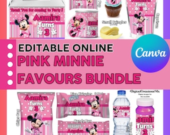 Minnie Mouse Pink 10 Party Favors, water bottle, chip, candy bars, juice labels, gable box, and more!!. DIGITAL ONLY