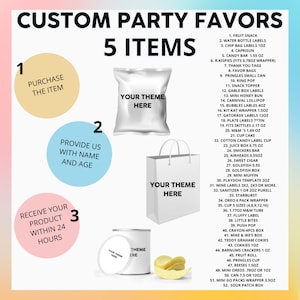 May include: A colorful infographic with instructions on how to order custom party favors. The infographic includes a list of 52 different party favor items, including snacks, drinks, and toys. The infographic also includes a section on how to provide your name and age for personalization.