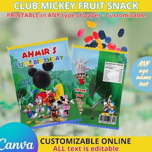 Clubhouse Mickey Mouse Fruit Snack templete. EDITABLE IN CANVA