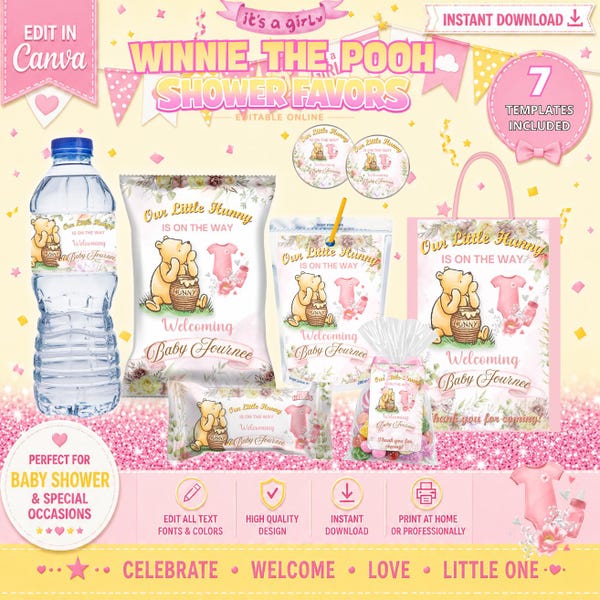Winnie Pooh roze babyshower- of verjaardagsfeestje bedankjes, waterfles, friet, krispiesjes, bedankkaartjes en meer. BEWERKBAAR OP CANVA