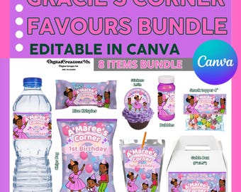 Birthday Gracie 8 Party Pack, water bottle, chip, juice labels, rice and MORE. Edit yourself in CANVA.