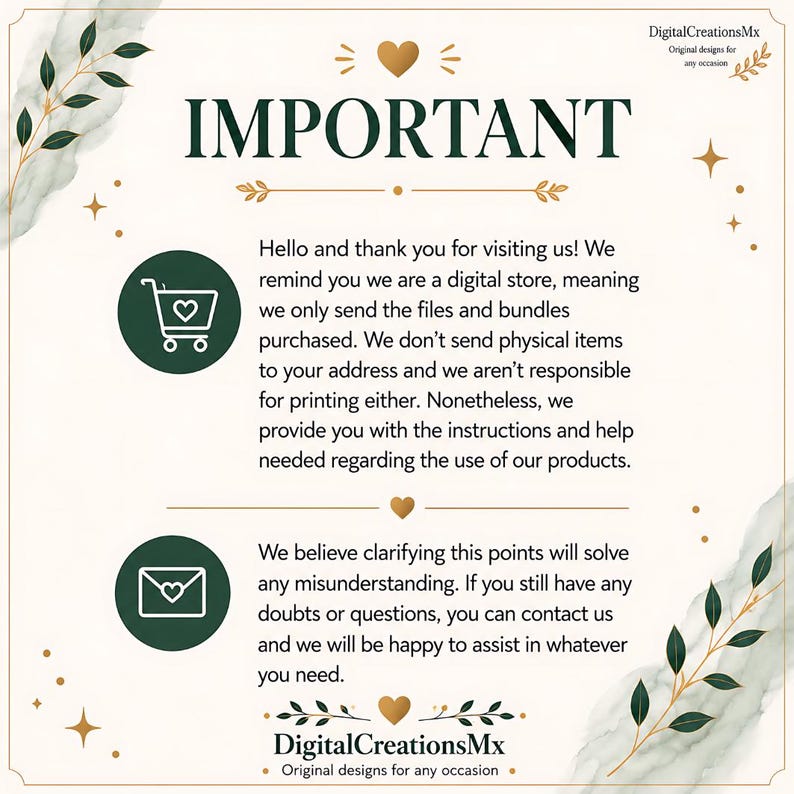 May include: A cream-colored graphic with the word "IMPORTANT" in dark green. The image includes text clarifying that the shop is a digital store, with a shopping cart and envelope icon. The shop's name, DigitalCreationsMx, is also displayed.