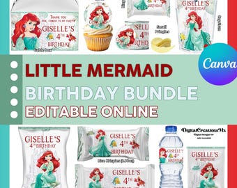Princess Ariel the Little Mermaid 10 Party Favors, water bottle, chip, candy bars, juice labels and more. Edit yourself in CANVA.