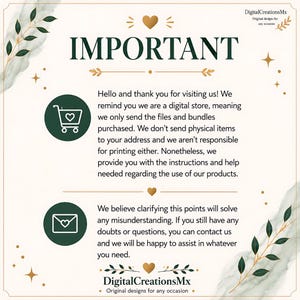 May include: A digital store information card with the text IMPORTANT, DigitalCreationsMx, and details about digital file delivery. The design features dark green text, gold heart icons, and watercolor-style green leaf illustrations on a cream background.