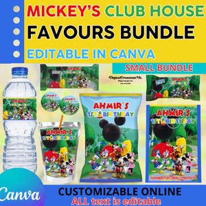 Clubhouse Mickey Mouse 7 Party favors, water bottle, chip, candy bar, juice labels, favor bags, and more!! EDITABLE IN CANVA