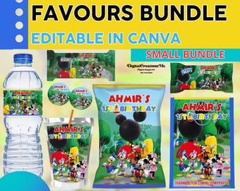 Clubhouse Mickey Mouse 7 Party favors, water bottle, chip, candy bar, juice labels, favor bags, and more!! EDITABLE IN CANVA