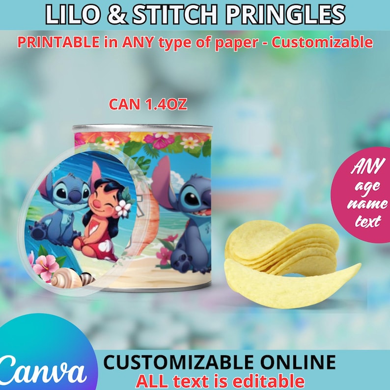 Pu&ograve; includere: Etichetta stampabile per barattolo di Pringles a tema Lilo & Stitch. L'etichetta presenta Lilo e Stitch su una spiaggia con fiori tropicali. L'etichetta &egrave; personalizzabile con qualsiasi et&agrave;, nome e testo. L'etichetta &egrave; di 1,4 oz.