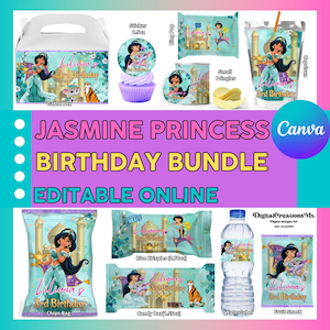 Jasmine Princess 10 Party favors, Jasmine printables, digital files INC. Edit yourself in CANVA.