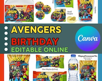 Inspired Avengers 10 Party Favors, water bottle, chip, candy bars, juice labels, and more. Edit yourself in CANVA.