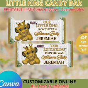 Barra de dulces para baby shower o cumpleaños del Rey León, 1,55 oz. Templete. Editable en CANVA