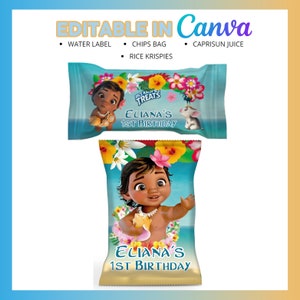 May include: Printable party favor bag template featuring a cartoon image of a baby Moana from Disney's Moana. The bag is decorated with tropical flowers and the text "Eciana's 1st Birthday".