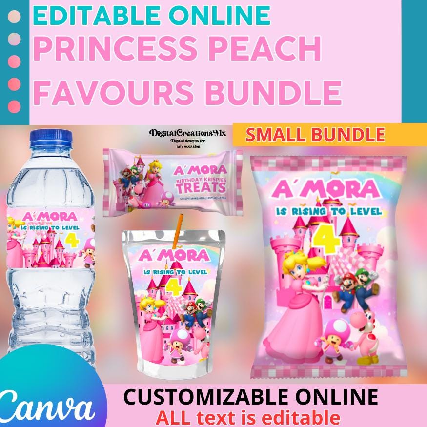 Princess Peach 4 Birthday Party Pack - Chip Bag - Juice - Water Bottle, and rice krispies. Edit yourself in CANVA.