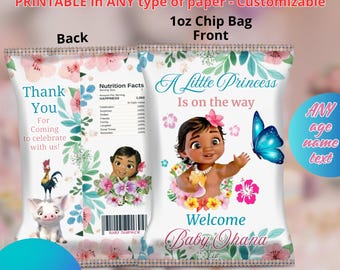 Bolsas de papas fritas para baby shower o cumpleaños de Moana. Editables en CANVA.