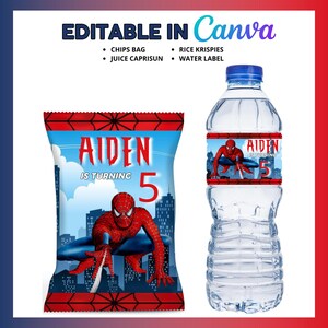 May include: Printable party favor labels featuring a red and blue Spiderman design. The labels say "Aiden is turning 5".