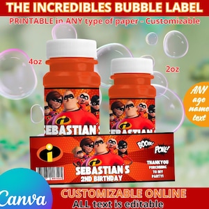 Los Increíbles - Plantillas de etiquetas de burbujas de 4 y 2 oz. Editables en CANVA.