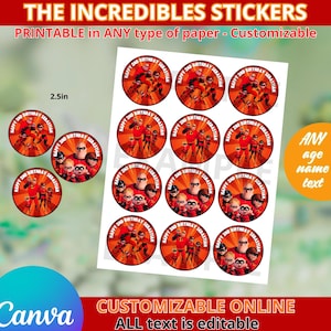 Pegatinas de Los Increíbles 2.5 en plantilla, EDÍTALO tú mismo en CANVA.