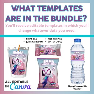 Puede incluir: Un conjunto de plantillas de favores de fiesta imprimibles con un personaje de dibujos animados con el texto "Emma's Amazing Friends 2". Las plantillas incluyen una caja de jugo, una bolsa de papas fritas, una bolsa de arroz krispies y una etiqueta de botella de agua. Todas las plantillas son editables en Canva.
