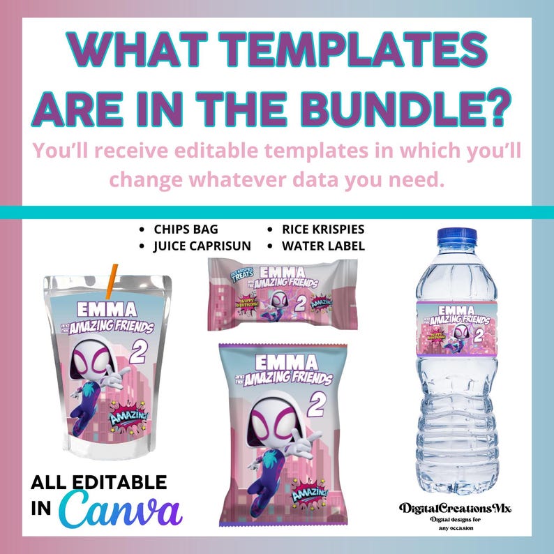 Puede incluir: Un conjunto de plantillas de favores de fiesta imprimibles con un personaje de dibujos animados con el texto "Emma's Amazing Friends 2". Las plantillas incluyen una caja de jugo, una bolsa de papas fritas, una bolsa de arroz krispies y una etiqueta de botella de agua. Todas las plantillas son editables en Canva.