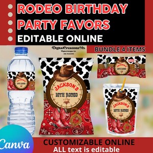 May include: A collection of rodeo-themed party favors, including a water bottle label, chip bag, candy wrapper, and drink cup. The designs feature a cowboy hat, boots, and the text "Jackson's 16th Rodeo". The background includes a red paisley pattern and a black and white cow print.