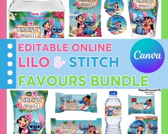 Lilo & Stitch 10 Party Favors, water bottle, chip, candy bars, juice labels,  and more. Edit yourself in CANVA.