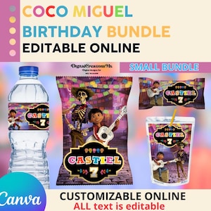 May include: A Coco Miguel themed birthday bundle. The image shows a water bottle, a bag of crisps, and a juice pouch, all with the text "CASTIEL 7". Customizable online.