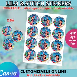 Lilo and Stitch flowers Stickers 2.5in Template, EDIT Yourself in CANVA