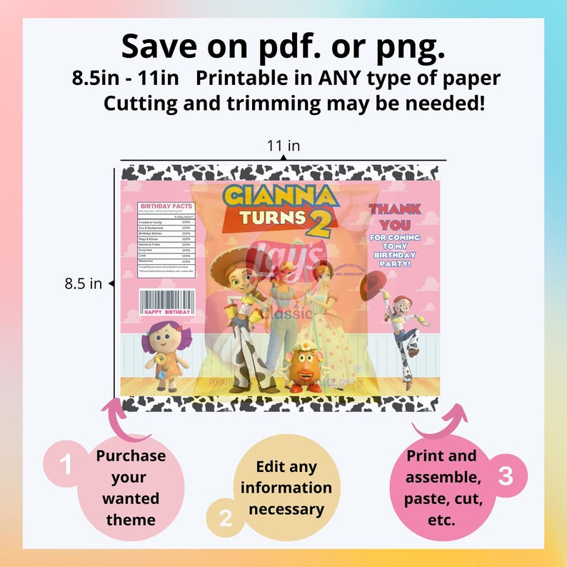 Puede incluir: Dise&ntilde;o de bolsa de regalo de fiesta imprimible con personajes de la franquicia de pel&iacute;culas Toy Story. El dise&ntilde;o incluye un fondo rosa con el texto "Gianna Turns 2" e im&aacute;genes de Woody, Jessie y Buzz Lightyear. La bolsa mide 8,5 pulgadas por 11 pulgadas.