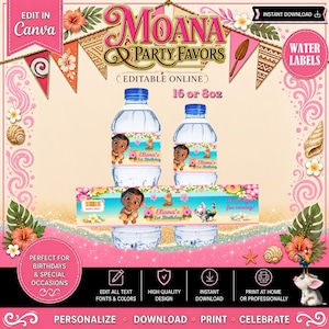 Etikett für Moana Babywasser. In Canva bearbeitbar.