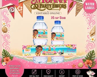 Moana Baby Water label. Editable in CANVA