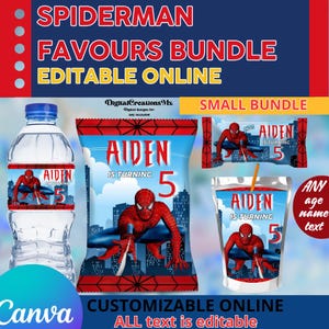 Spiderman Bundle 4 Party Labels, water bottle, chip, rice krispies and juice labels. Edit yourself in CANVA. image 1