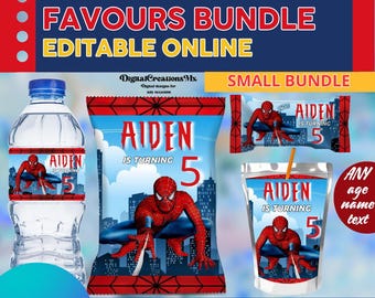 Paquete de Spiderman: etiquetas para fiestas, botellas de agua, papas fritas, Rice Krispies y jugo. Edita en CANVA.