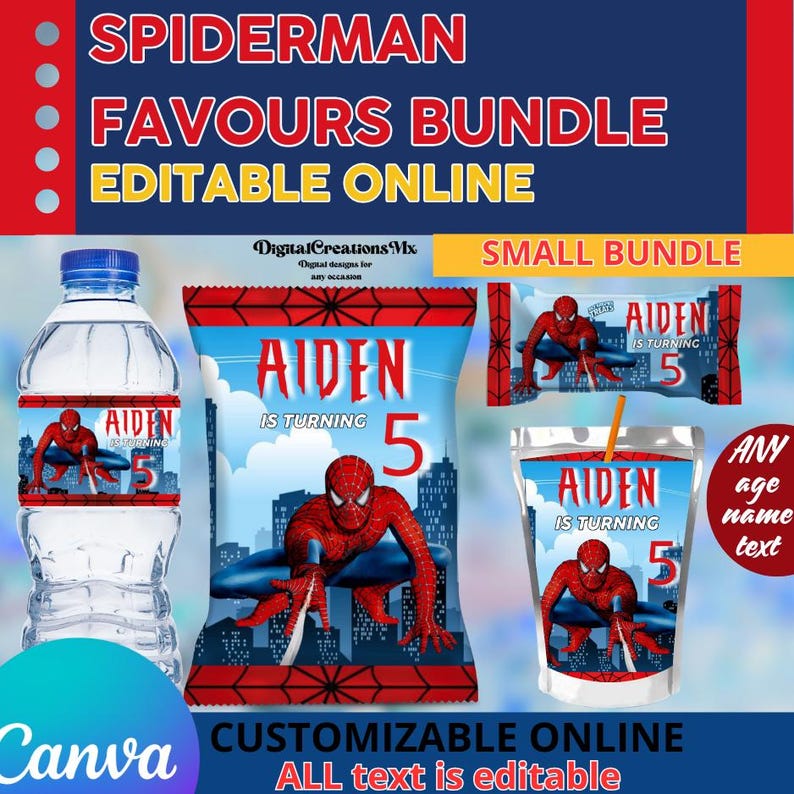 Spiderman Bundle 4 Party Labels, water bottle, chip, rice krispies and juice labels. Edit yourself in CANVA. image 1