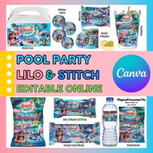 Lilo & Stitch 10 Pool Party Favors, water bottle, chip, candy bars, juice labels,  and more. DIGITAL