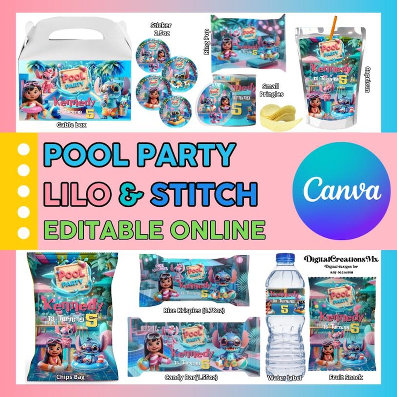 May include: A collection of Lilo & Stitch themed party supplies, including a gable box, stickers, ring pop, small Pringles, a cup, chips bag, Rice Krispies, candy bar, water label, and fruit snack. The items feature the text "Pool Party" and "Kennedy 5".