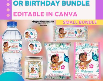 Moana Baby Shower or birthday 6 Party Favors, water bottle, chip, candy bars, thank you tags and more. EDITABLE IN CANVA