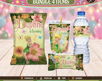 Tinker bell 4 Party Favors, water bottle, chip, rice and juice labels. Edit yourself in CANVA.