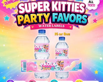 Plantilla de etiqueta de agua de cumpleaños de Super Kitties. Edítala tú mismo en Canva.