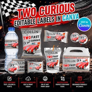 Pode incluir: Um conjunto de rótulos editáveis com tema de corrida. Os rótulos apresentam um carro de corrida vermelho vintage e o texto "COLLIN IS TWO FAST 2 CURIOUS" com um fundo de bandeira quadriculada. Inclui rótulos para garrafas de água, lanches e lembrancinhas.