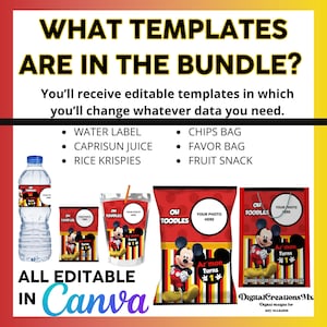 Puede incluir: Plantillas imprimibles de fiesta de cumplea&ntilde;os de Mickey Mouse para etiquetas de botellas de agua, cajas de jugo, bolsas de papas fritas, bolsas de regalo y bolsas de bocadillos de frutas. Todas las plantillas son editables en Canva.