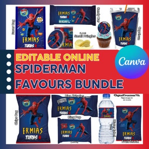Spiderman 10 Party Labels, water bottle, chip, candy bars, juice labels and more. EDITABLE IN CANVA