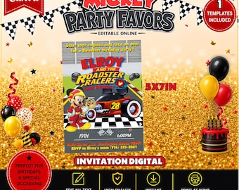 Mickey and friends Roadster Racers Invitation 5x7in templete. Editable in CANVA