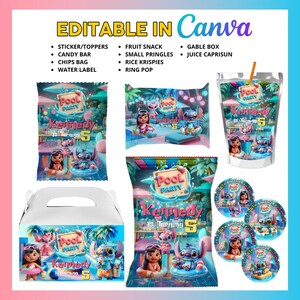 May include: A collection of party favors featuring a pool party theme with the characters Lilo and Stitch. Items include a gable box, chip bags, juice pouch, stickers, and candy bar wrappers. The text "Pool Party" and "Kennedy is turning 5" are visible.