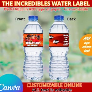 Plantilla de etiqueta de agua de Los Increíbles. Editable en CANVA