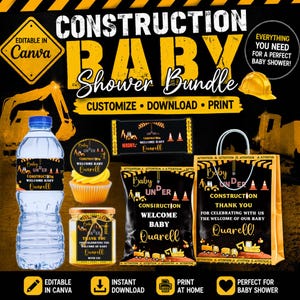 Könnte beinhalten: Ein Babyparty-Set im Baustellen-Design. Es enthält Etiketten für Wasserflaschen, Cupcake-Topper, Schokoriegel-Verpackungen und Geschenktüten. Der Text beinhaltet "Construction Baby Shower Bundle" und "Welcome Baby Quarell".