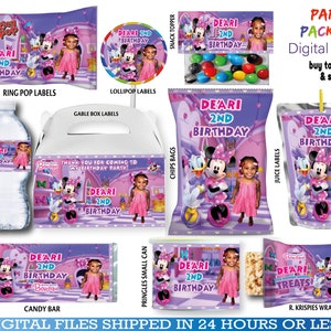 Minnie and Daisy Party Favors, water bottle, chip, candy bars, juice labels, gable box, fruit snack, bags and more!!. DIGITAL ONLY