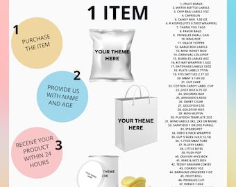 1 personalized party favor: Chips, water, juice bag, chocolate bar, fruit snack, skittles, juice, bags. Digital download